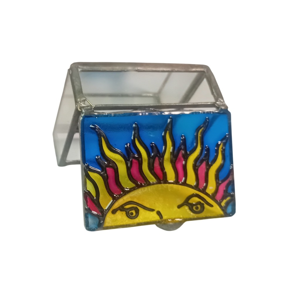 Vintage 90s Whimsigoth Mini Stained Glass Trinket Jewelry Snuff Box Sun W Mirror